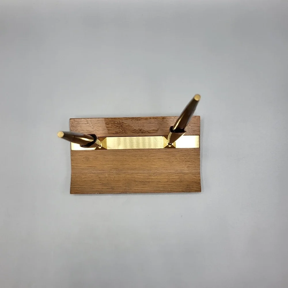 Vintage Double Pen Desk Set Wood Brass MCM Office Decor Brown